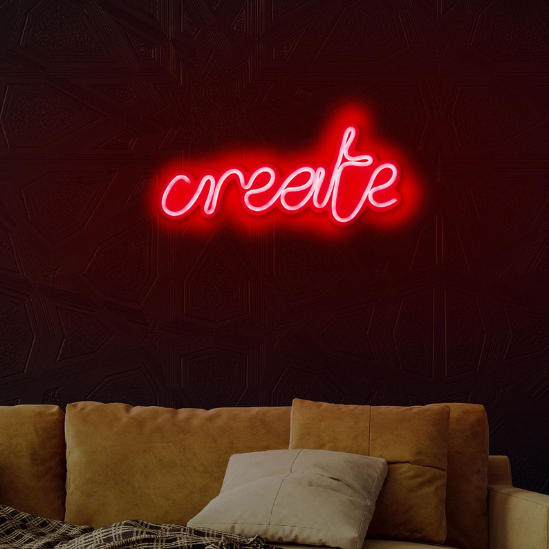 LETELY Enseigne au néon sur le mur avec le mot Create rouge