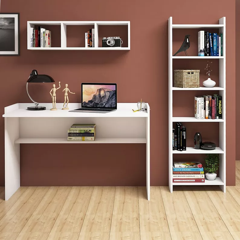 NOROS Bureau 120x60 cm avec bibliothèque et étagère blanc
