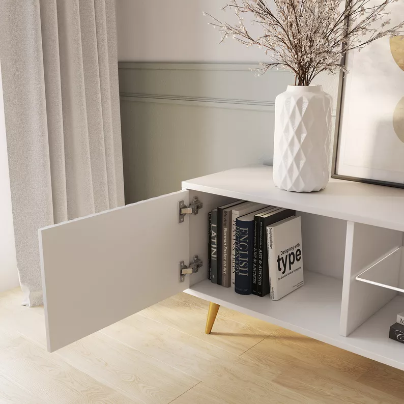 Meuble TV Bello avec façades à lamelles 135 cm blanc avec pieds dorés