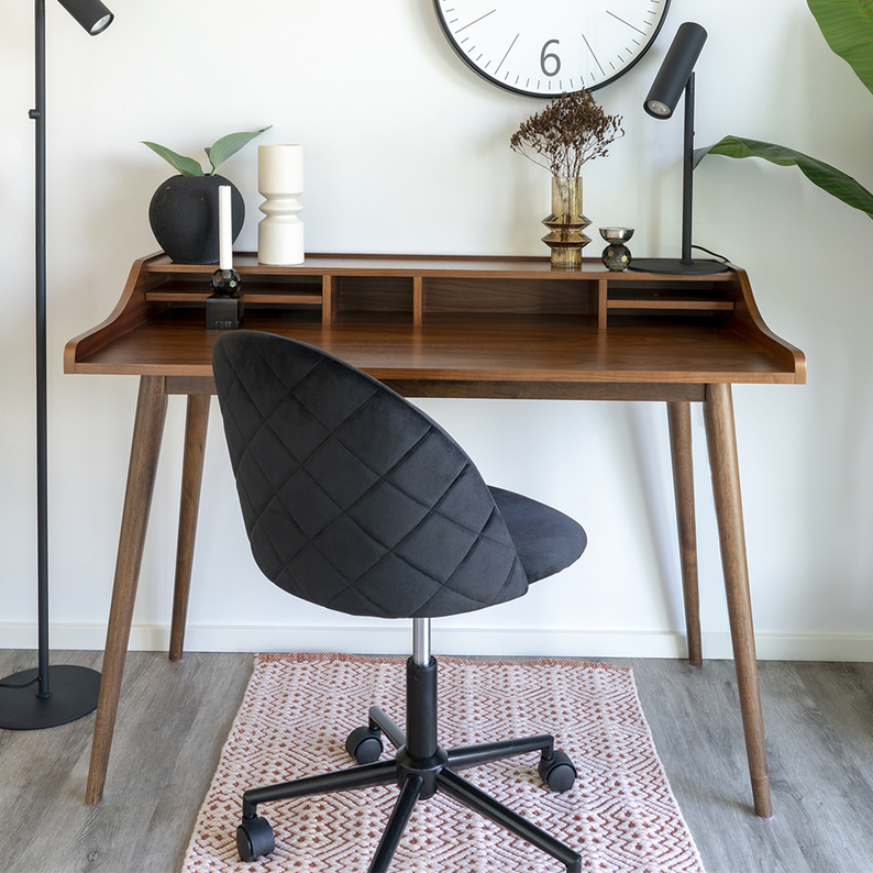 Chaise de bureau pivotante en velours noir Rallsy avec coutures