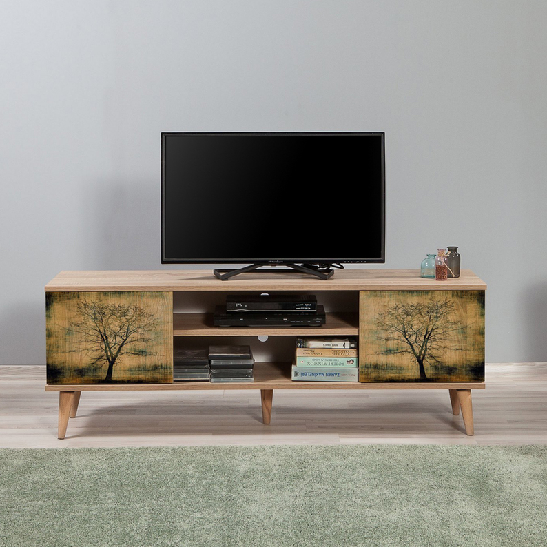 SMARTSER Meuble TV 140 cm avec façades à motif d'arbre