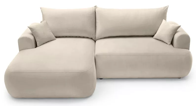 Jasnobeżowy narożnik Ovo L-kształtny z funkcją spania i pojemnikiem na pościel, idealny do salonu.