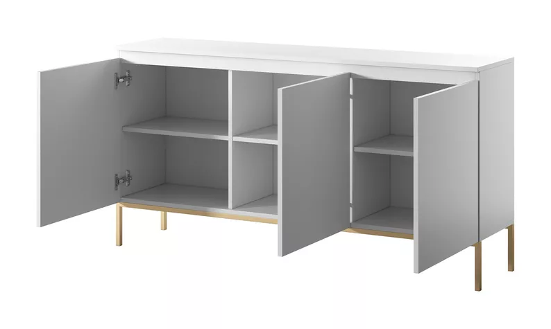 Commode à trois portes Bemmi 150 cm blanc avec pieds dorés