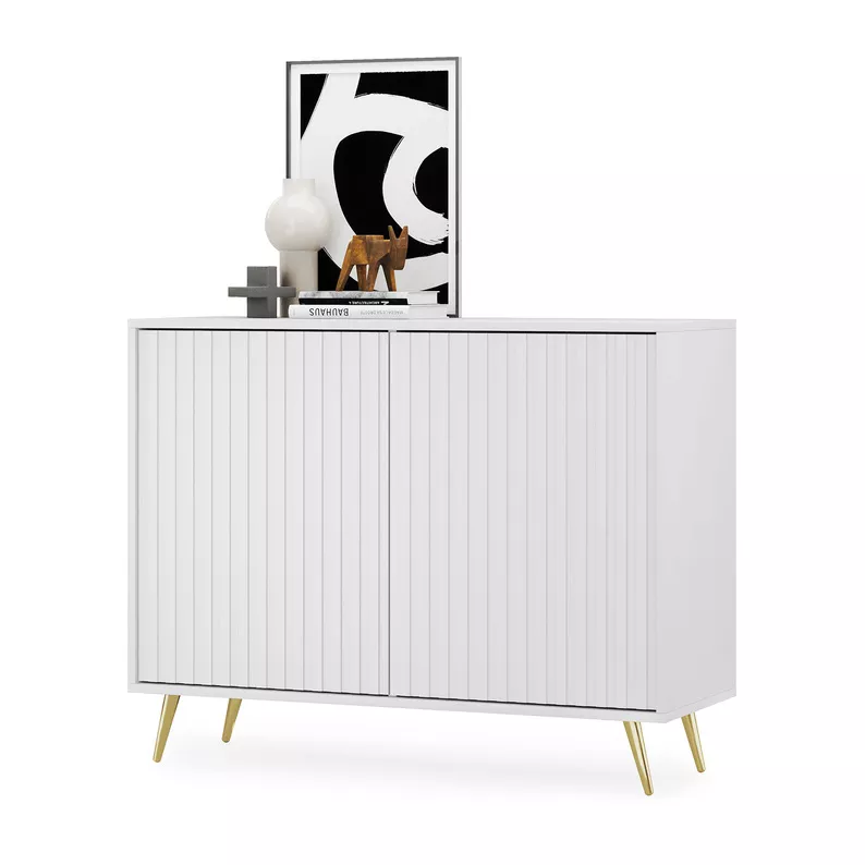 Commode Bello avec façades à lamelles 104 cm blanc avec pieds dorés