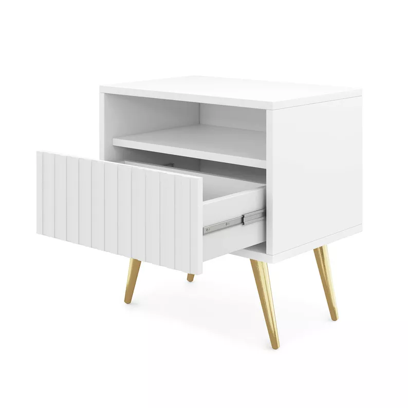 Table de chevet Bello avec un tiroir à façade à lamelles, blanc avec pieds dorés
