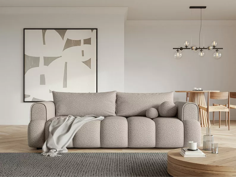 Kanapa trzyosobowa Dandelino z funkcją spania jasnobeżowa boucle