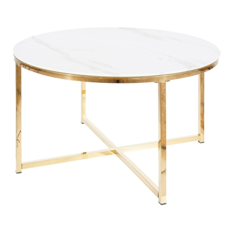 Table basse ronde Larchi, diamètre 80 cm, avec un plateau imitant le marbre