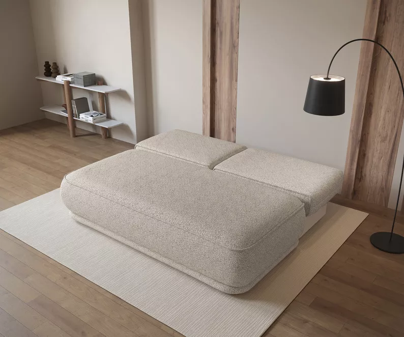 Kanapa rozkładana trzyosobowa Leanno z pojemnikiem beżowa boucle