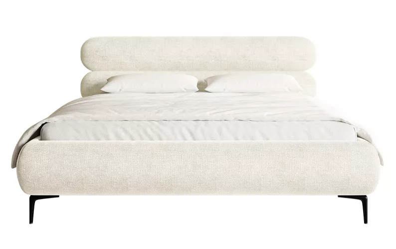 Łóżko tapicerowane 180x200 cm Roule z pojemnikiem stelaż metalowy kremowe szenil nóżki czarne