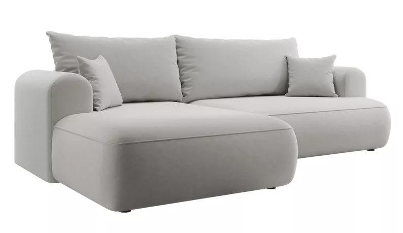 Canapé d'angle convertible Ovo en L velours gris avec bac en tissu facile à nettoyer, côté gauche