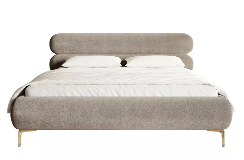 Łóżko tapicerowane 140x200 cm Roule z pojemnikiem stelaż metalowy szarobeżowe welur hydrofobowy nóżki złote