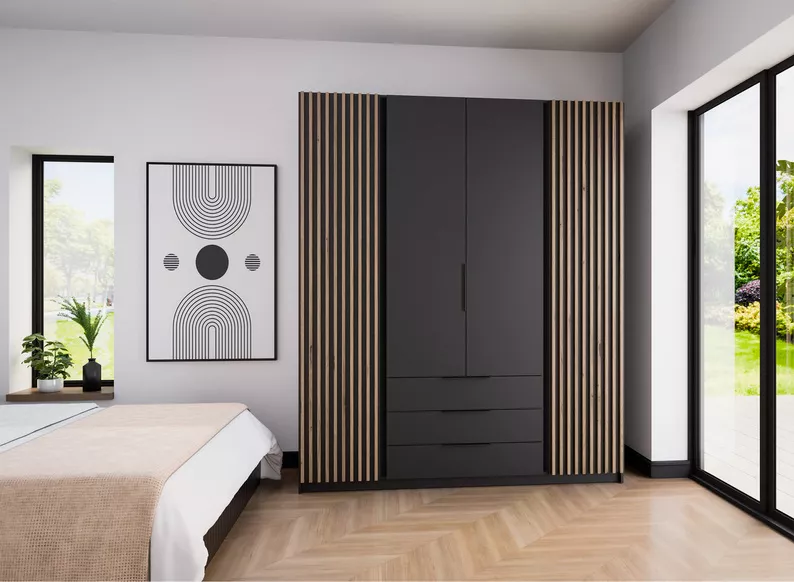 Szafa Kaja czterodrzwiowa z lamelami i trzema szufladami 200 cm czarna