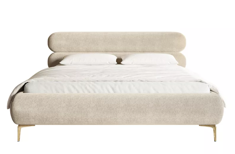 Łóżko tapicerowane 140x200 cm Roule z pojemnikiem stelaż metalowy jasnobeżowe welur hydrofobowy nóżki złote