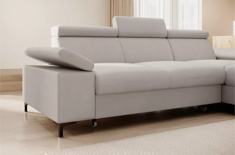 MILLEFOLIUM L-forme Canapé d'angle convertible avec fonction lit avec coffre de rangement velours hydrofuge gris clair droit