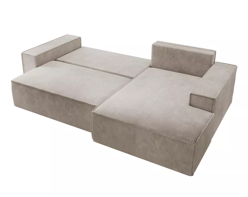 Canapé d'angle Farese New en L avec coffre de rangement en velours côtelé beige