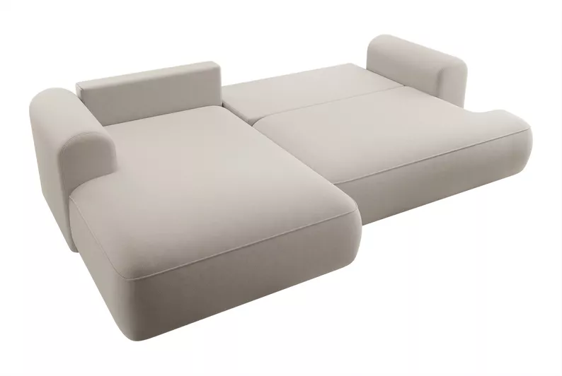 Canapé d'angle convertible Ovo en L velours crème avec bac en tissu facile à nettoyer, côté gauche