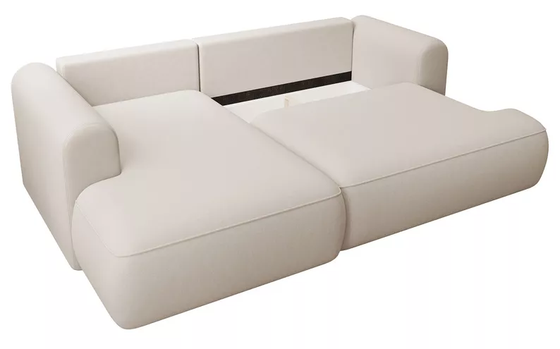 Kremowy narożnik Ovo mini L-kształtny z funkcją spania i pojemnikiem na pościel.