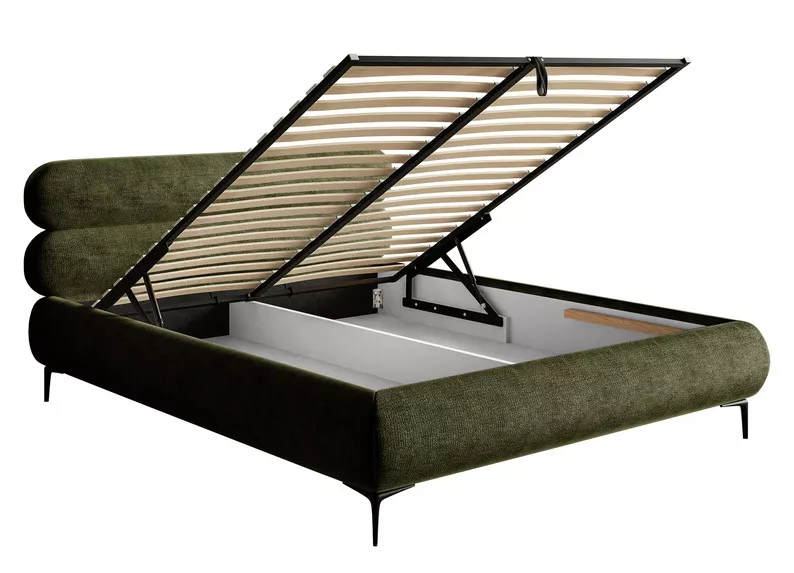 Łóżko tapicerowane 180x200 cm Roule z pojemnikiem stelaż metalowy oliwkowe szenil nóżki czarne