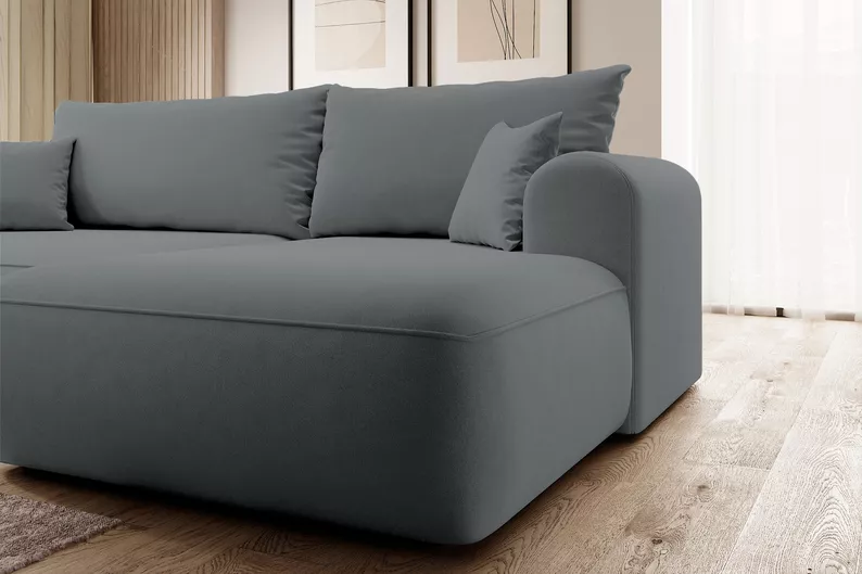 Canapé d'angle convertible Ovo en L velours gris foncé avec bac en tissu facile à nettoyer, côté droit