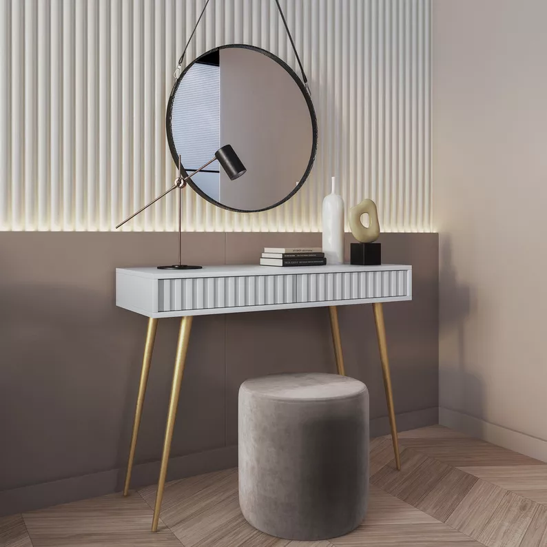 Coiffeuse Bello 104 cm blanche avec pieds dorés