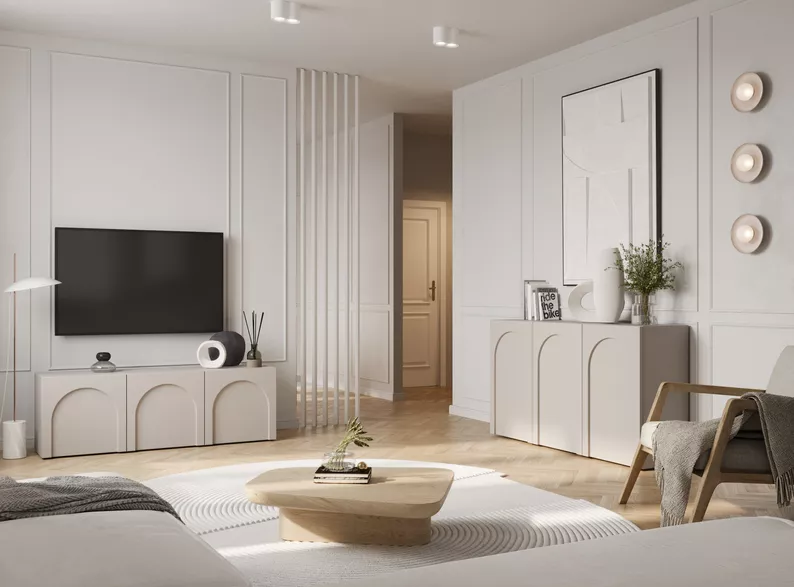 Szafka RTV Arkadia trzydrzwiowa z frezowanymi frontami 150 cm kaszmir