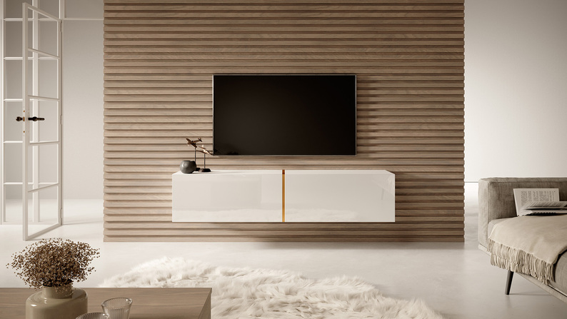 BISIRA Meuble TV 140 cm blanc avec insert doré