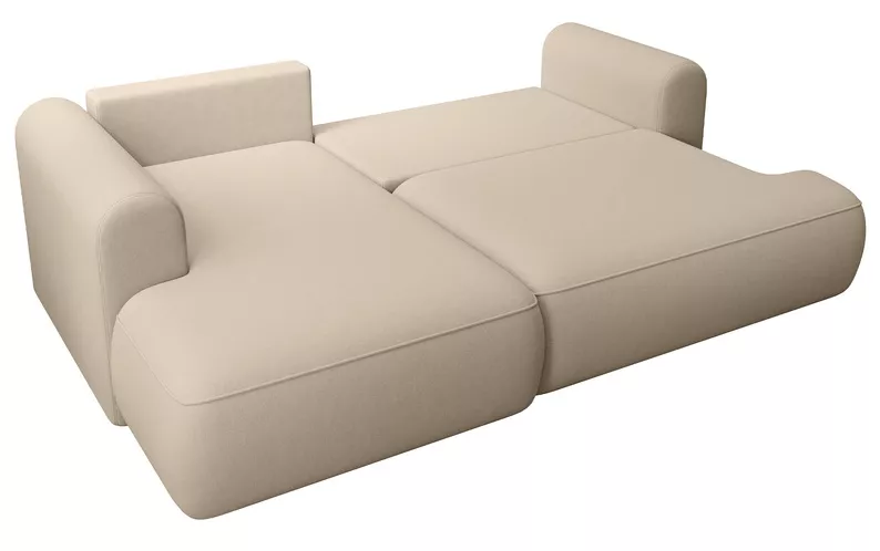 Jasnobeżowy narożnik Ovo mini L-kształtny z funkcją spania i pojemnikiem na pościel.