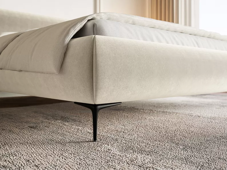 Łóżko tapicerowane 180x200 cm Roule z pojemnikiem stelaż metalowy kremowe welur hydrofobowy nóżki czarne