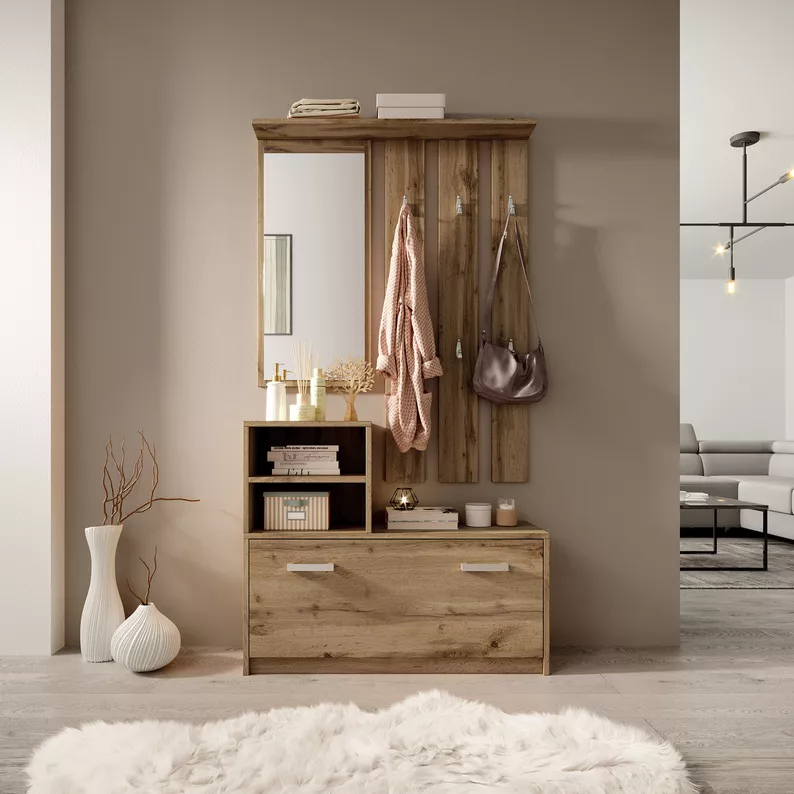Ensemble d'entrée Yesfir avec miroir, cintres, étagères et meuble à chaussures Chêne Wotan