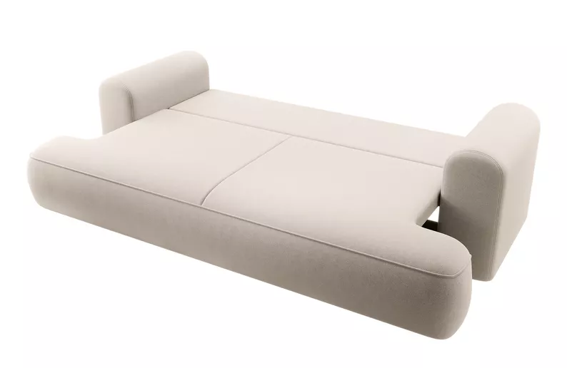 Kanapa rozkładana trzyosobowa Ovo z pojemnikiem jasnobeżowa welur w tkaninie łatwoczyszczącej