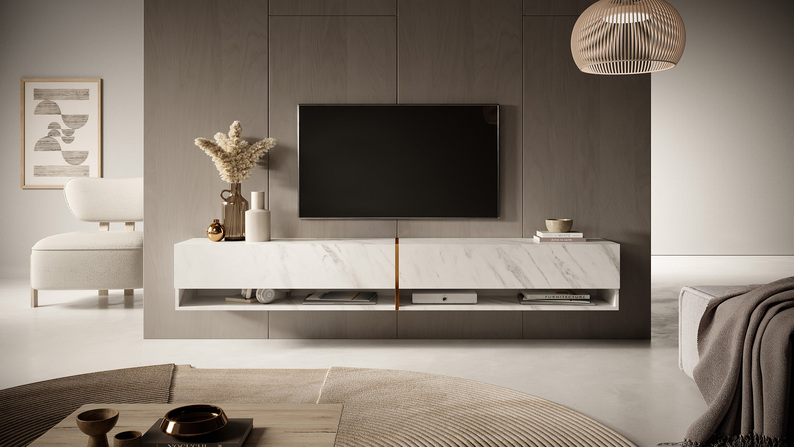 MIRRGO Meuble TV 200 cm marbre blanc avec insert d'or