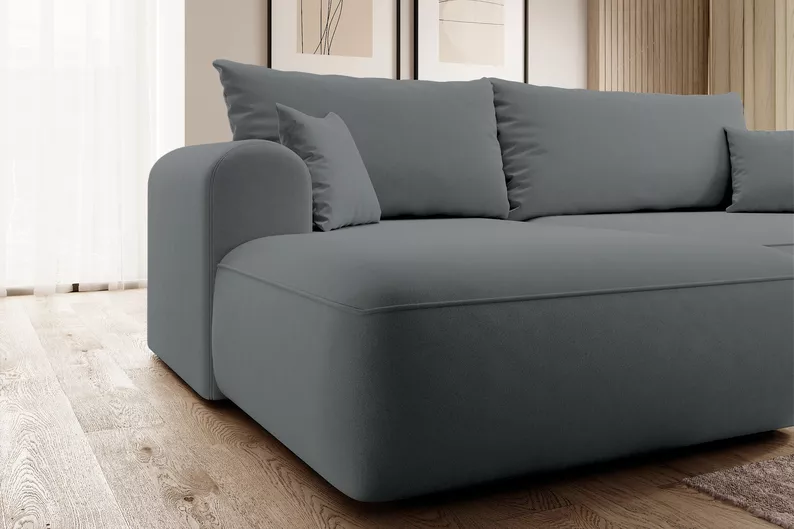 Canapé d'angle convertible Ovo en L velours gris foncé avec bac en tissu facile à nettoyer, côté gauche