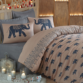 Parure de lit Biulfe avec taies d'oreiller, 200x220 cm, beige avec éléphants
