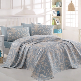 ANDRIEL Couvre-lit 200x235 cm avec deux taies d'oreiller 50x70 cm et un drap bleu à motifs beiges