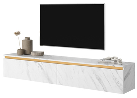 SENEY Meuble TV 175 cm blanc marbre avec garniture dorée