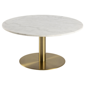 CORBINES Table basse ronde diamètre 90 cm marbre blanc sur pied laiton