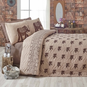 INDIE Couvre-lit 200x220 cm avec deux taies d'oreiller 50x70 cm avec éléphants marron