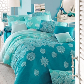 SOFTLY Parure de lit 200x220 cm avec deux taies d'oreiller 50x70 cm et un drap housse turquoise