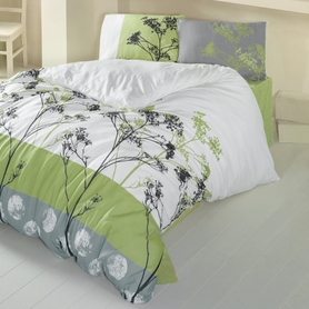 MOON HERBS Parure de lit 200x220 cm avec deux taies d'oreiller 50x70 cm et un drap avec éléments verts