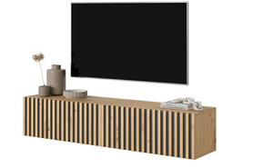 TELIRE Meuble TV 140 cm en chêne artisan avec façade fraisée et inserts noirs