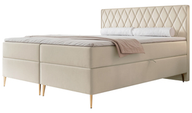 Łóżko kontynentalne 180x200 cm Caresso z materacem bonellowym i topperem jasnobeżowe welur hydrofobowy