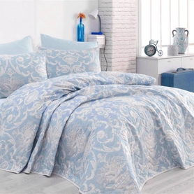 ANDRIEL Couvre-lit 200x220 cm avec deux taies d'oreiller 50x70 cm bleu à motifs beiges