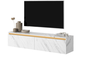SENEY Meuble TV 140 cm blanc marbre avec garniture dorée