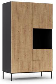 Armoire deux portes Jammad 120 cm avec deux tiroirs, noir / chêne artisanal