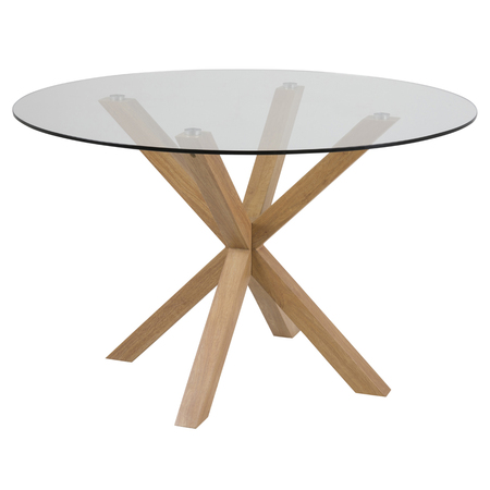KARDEMA Table à manger ronde diamètre 119 cm en verre sur un socle en chêne - Selsey