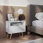 Table de chevet Bello avec un tiroir à façade à lamelles, blanc avec pieds dorés