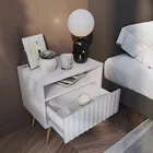 Table de chevet Bello avec un tiroir à façade à lamelles, blanc avec pieds dorés