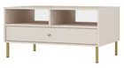 Stolik kawowy Oktio z szufladą i półkami 100 cm beż piaskowy na złotych nogach