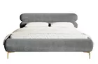 Łóżko tapicerowane 140x200 cm Roule z pojemnikiem stelaż metalowy szare welur hydrofobowy nóżki złote