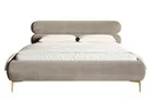 Łóżko tapicerowane 140x200 cm Roule z pojemnikiem stelaż metalowy szarobeżowe welur hydrofobowy nóżki złote